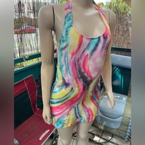 Rory Beca, Bright Colorful Abstract Art, Silk Mini Dress, Crossover Draped Back